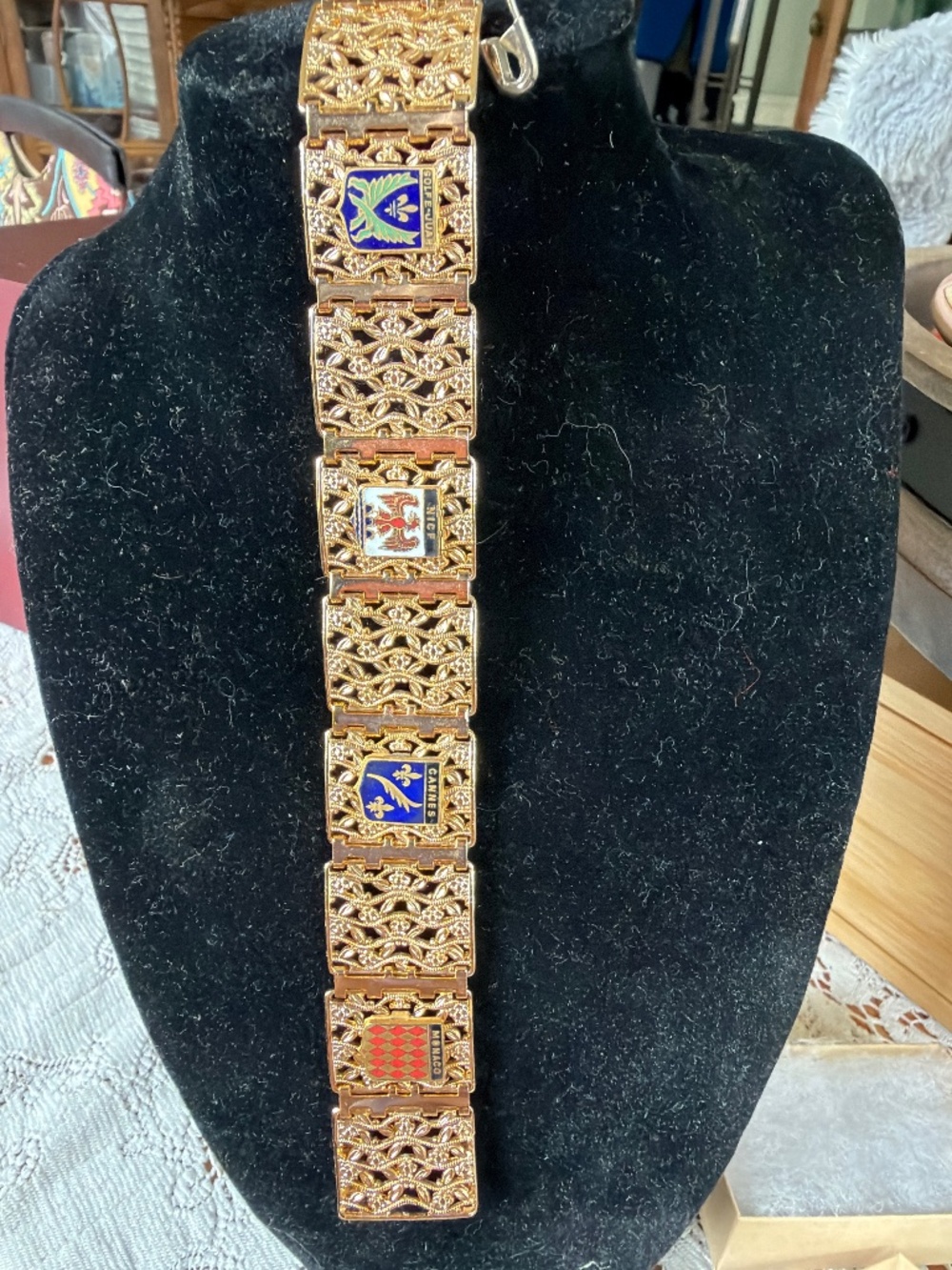 Vintage French Riviera Souvenir Filigree Link Bracelet Enameled Coats of Arms